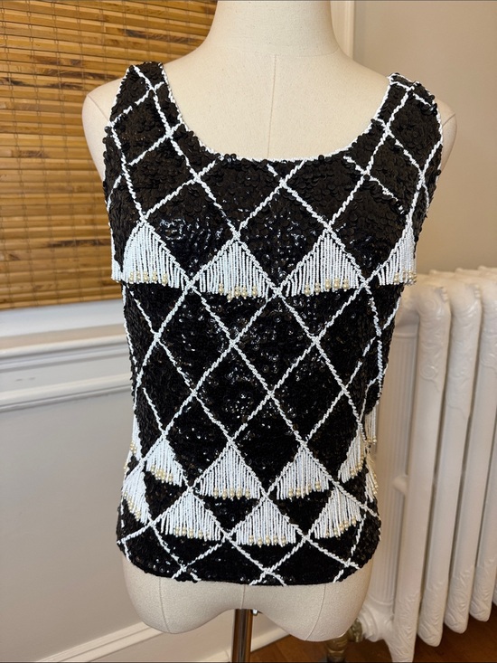 Vintage Tops - Vintage Beaded Sequin Tank sweater with fringe